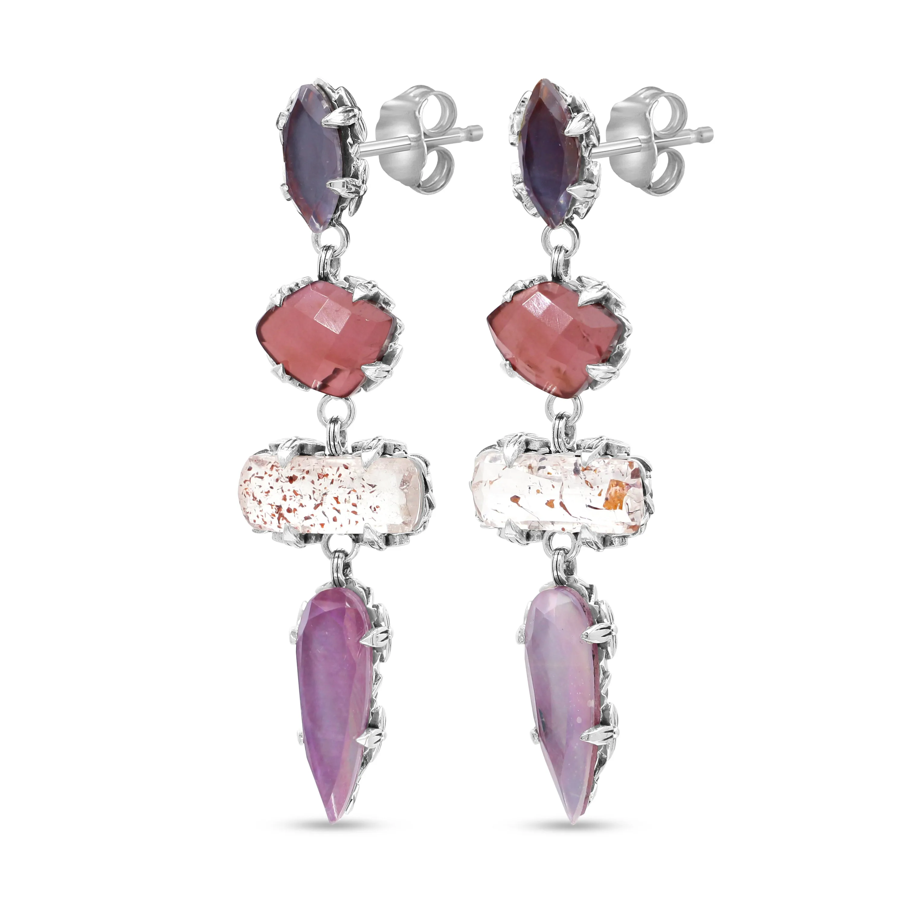 Garden of Stephen Natural Quartz Mother of Pearl Garnet Lepidocrocite and Ruby Dangle Earrings in Sterling Silver