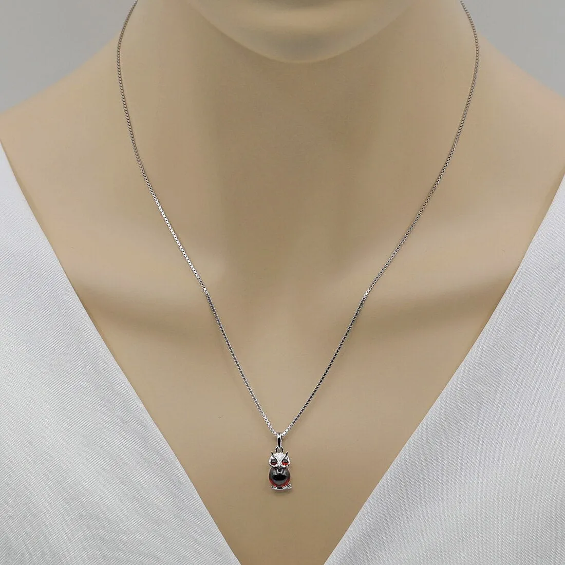 Garnet Mini Owl Sterling Silver Pendant Necklace