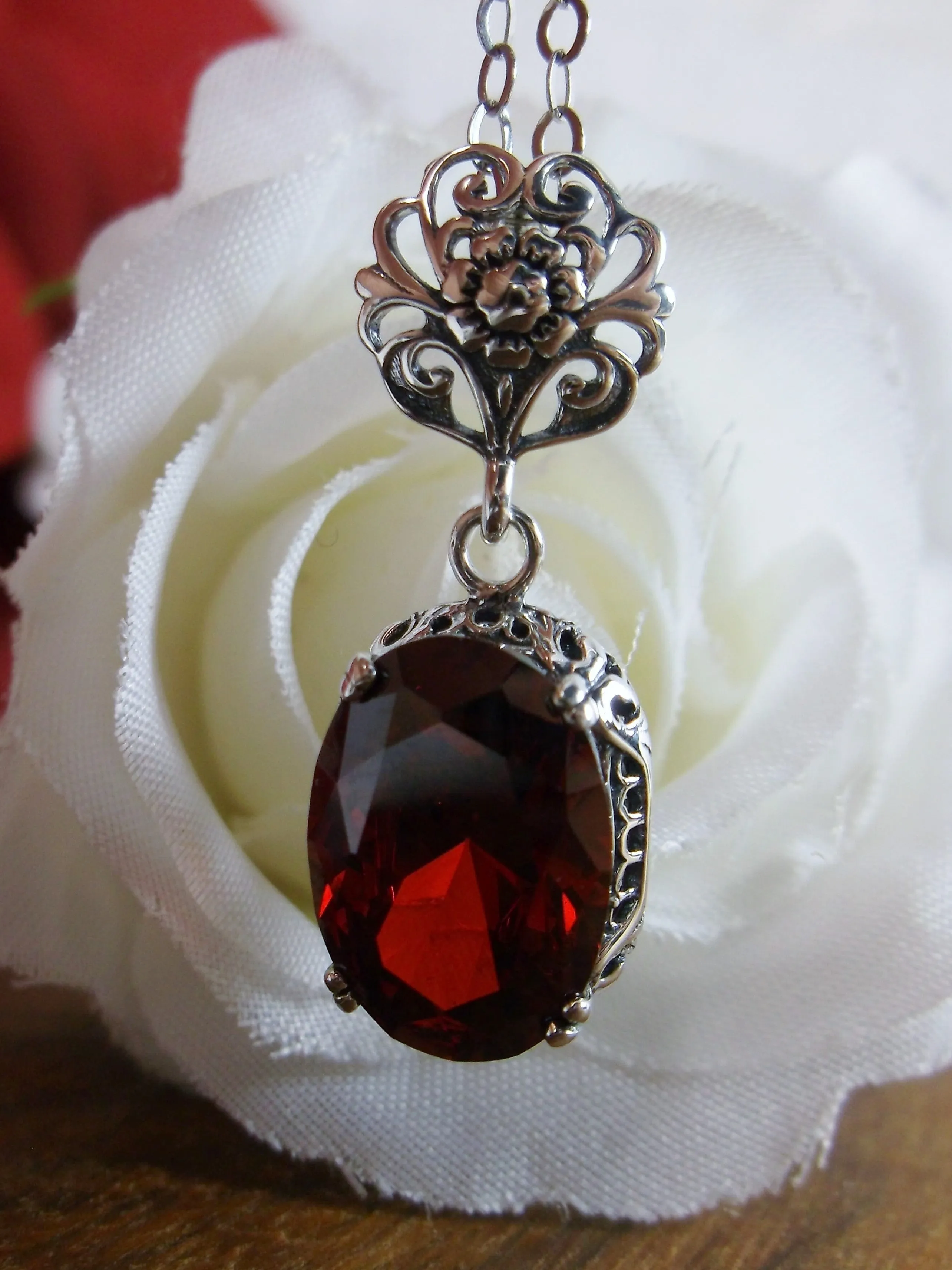 Garnet Pendant, Red Cubic Zirconia (CZ) Edwardian Necklace #P70
