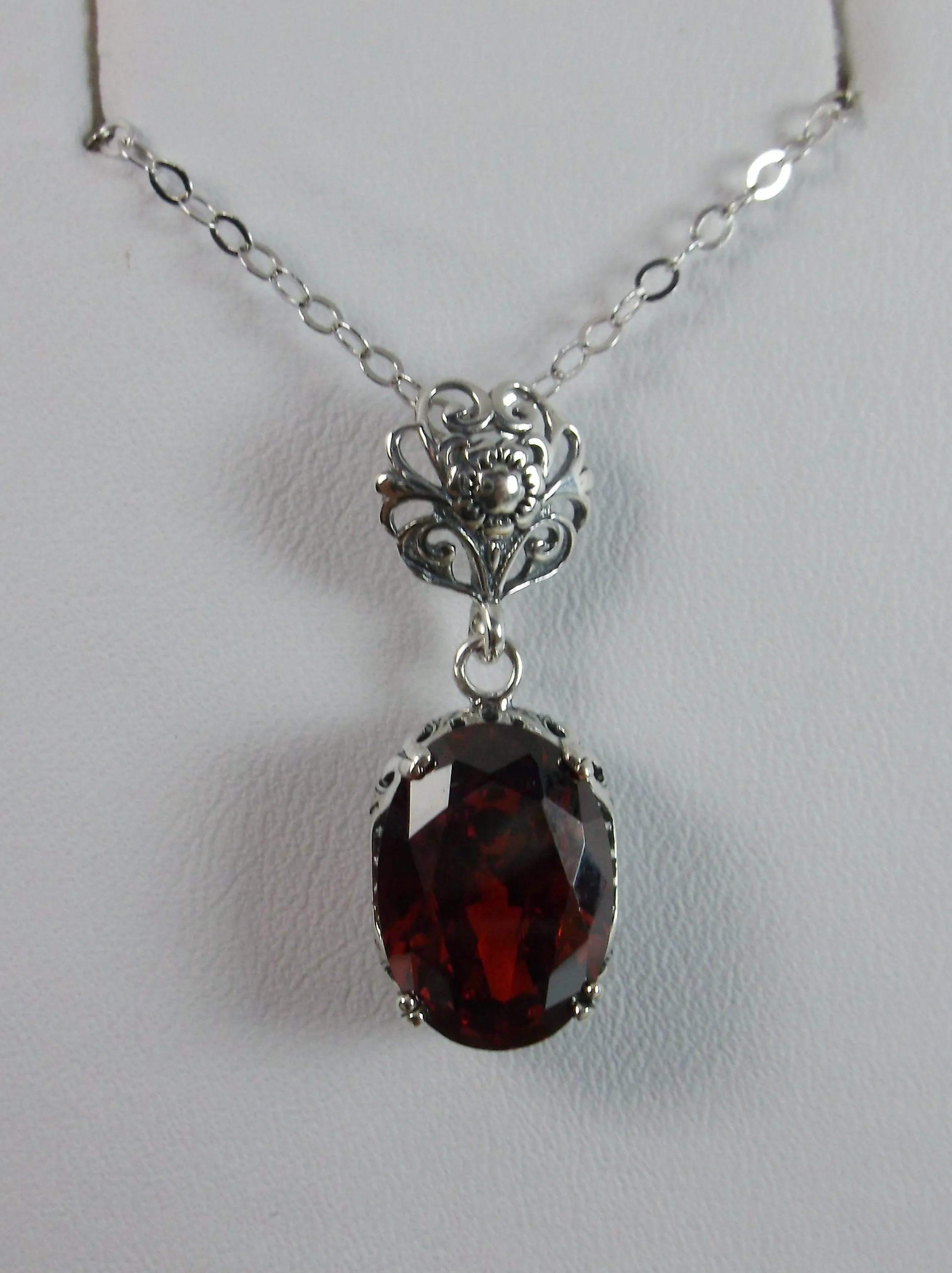 Garnet Pendant, Red Cubic Zirconia (CZ) Edwardian Necklace #P70