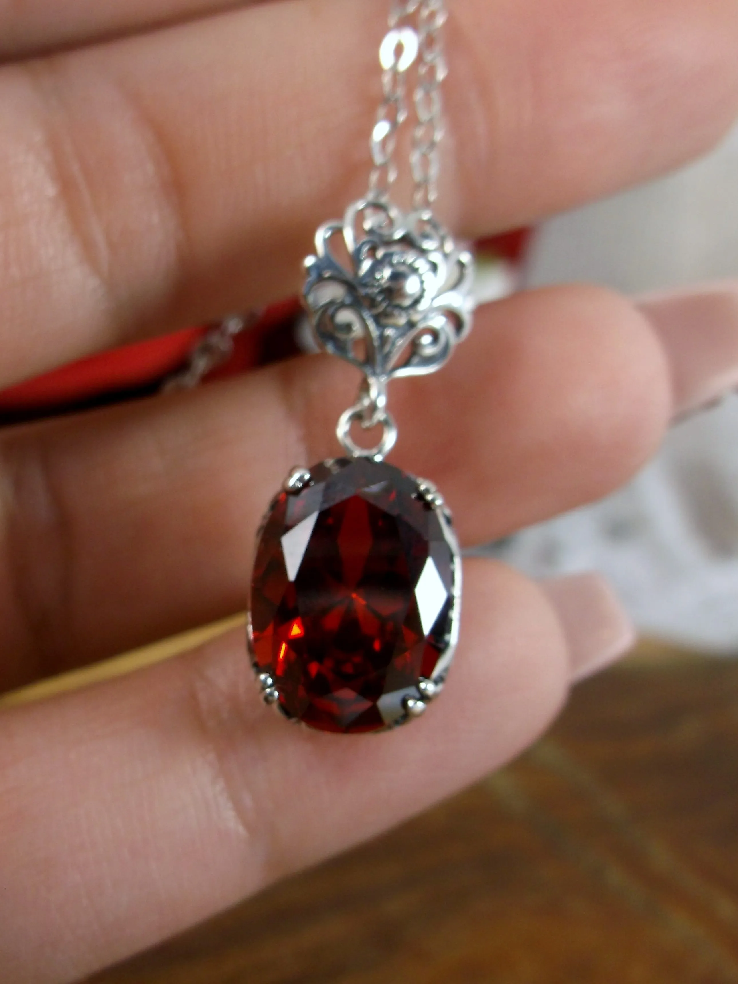 Garnet Pendant, Red Cubic Zirconia (CZ) Edwardian Necklace #P70