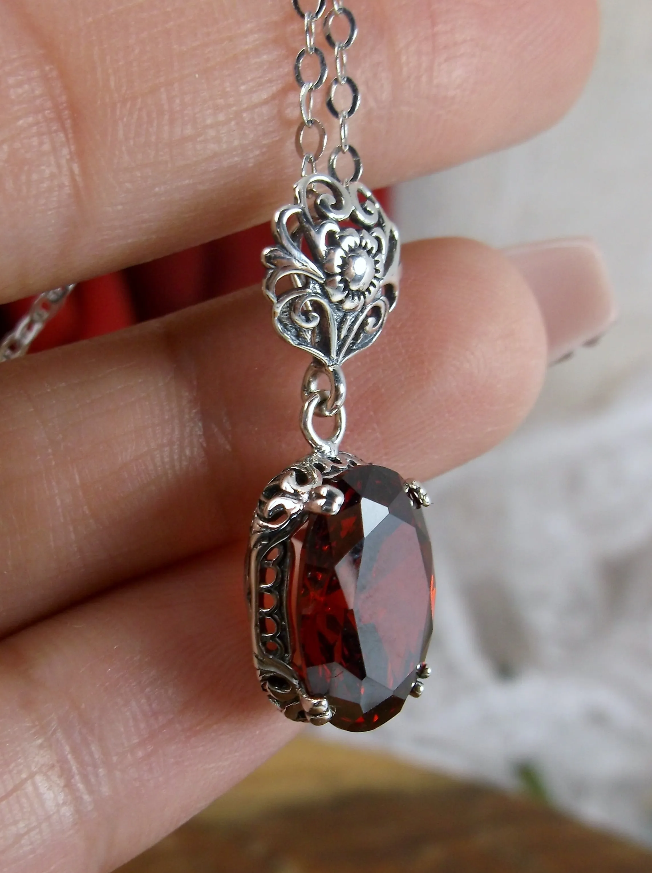 Garnet Pendant, Red Cubic Zirconia (CZ) Edwardian Necklace #P70