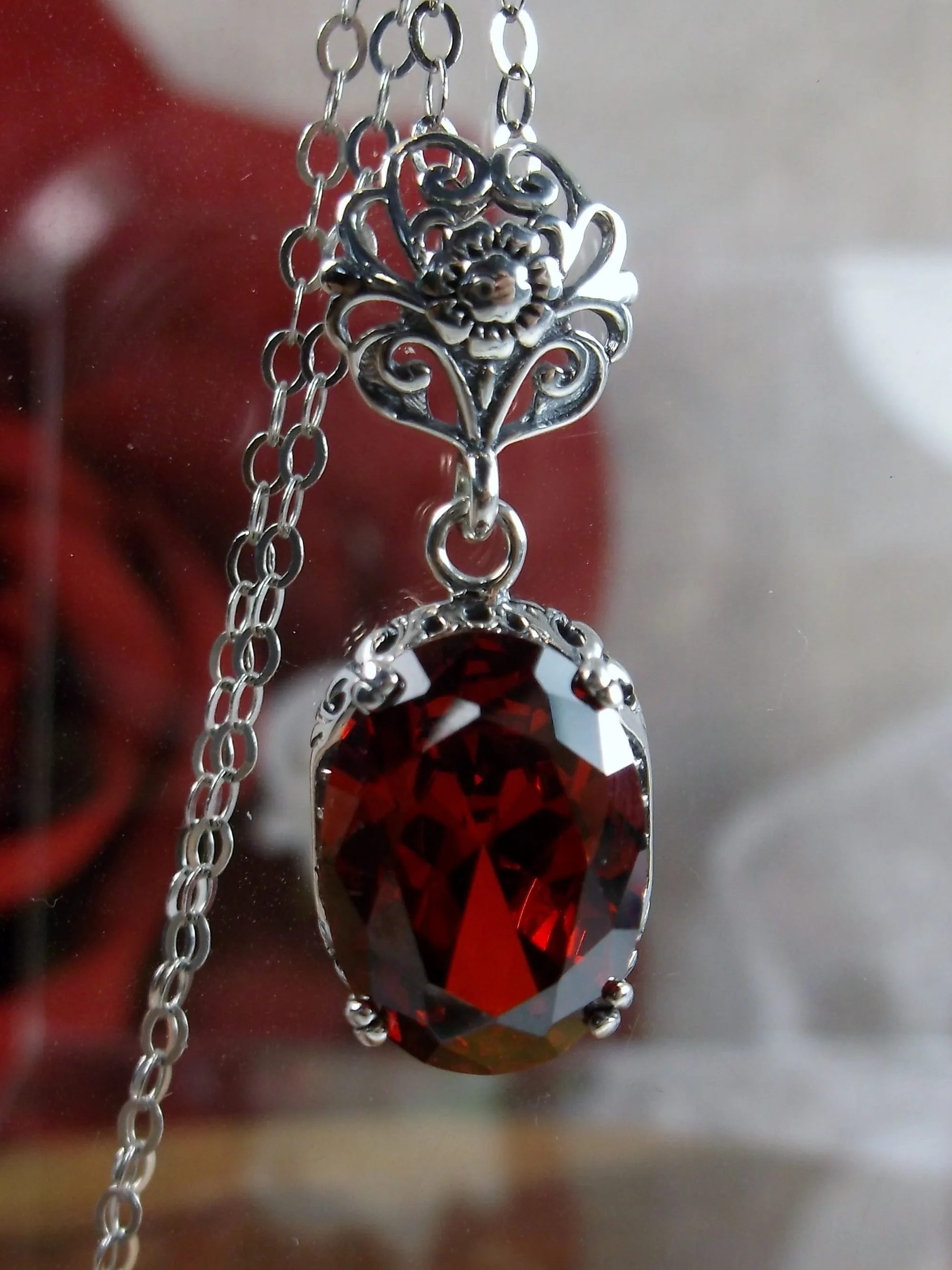 Garnet Pendant, Red Cubic Zirconia (CZ) Edwardian Necklace #P70