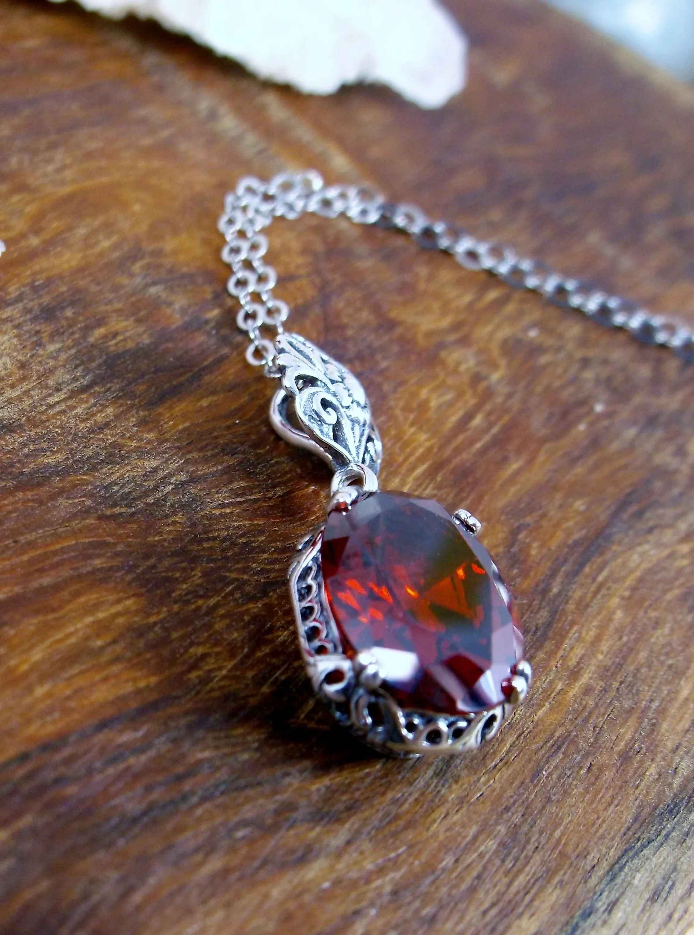 Garnet Pendant, Red Cubic Zirconia (CZ) Edwardian Necklace #P70