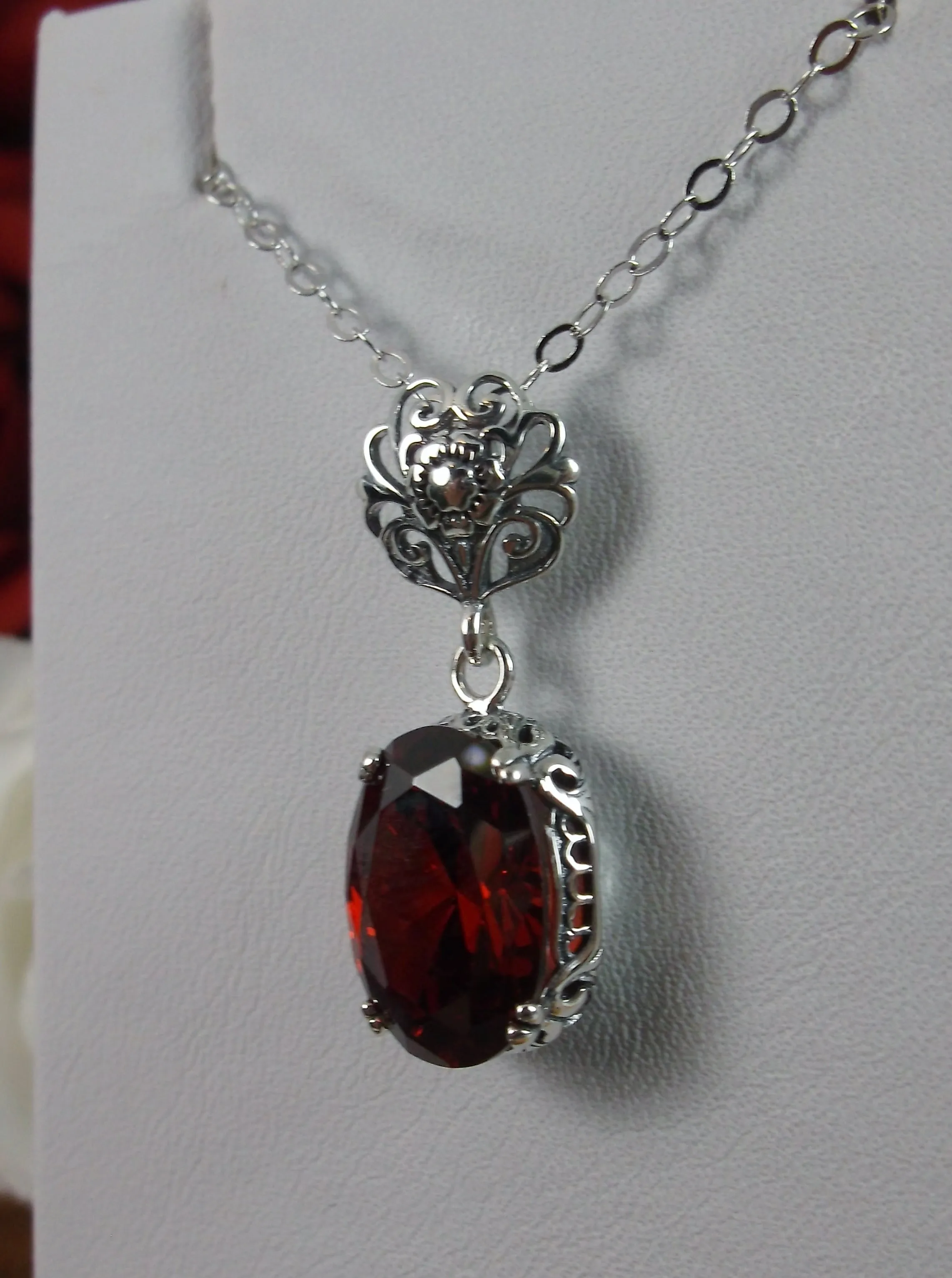 Garnet Pendant, Red Cubic Zirconia (CZ) Edwardian Necklace #P70