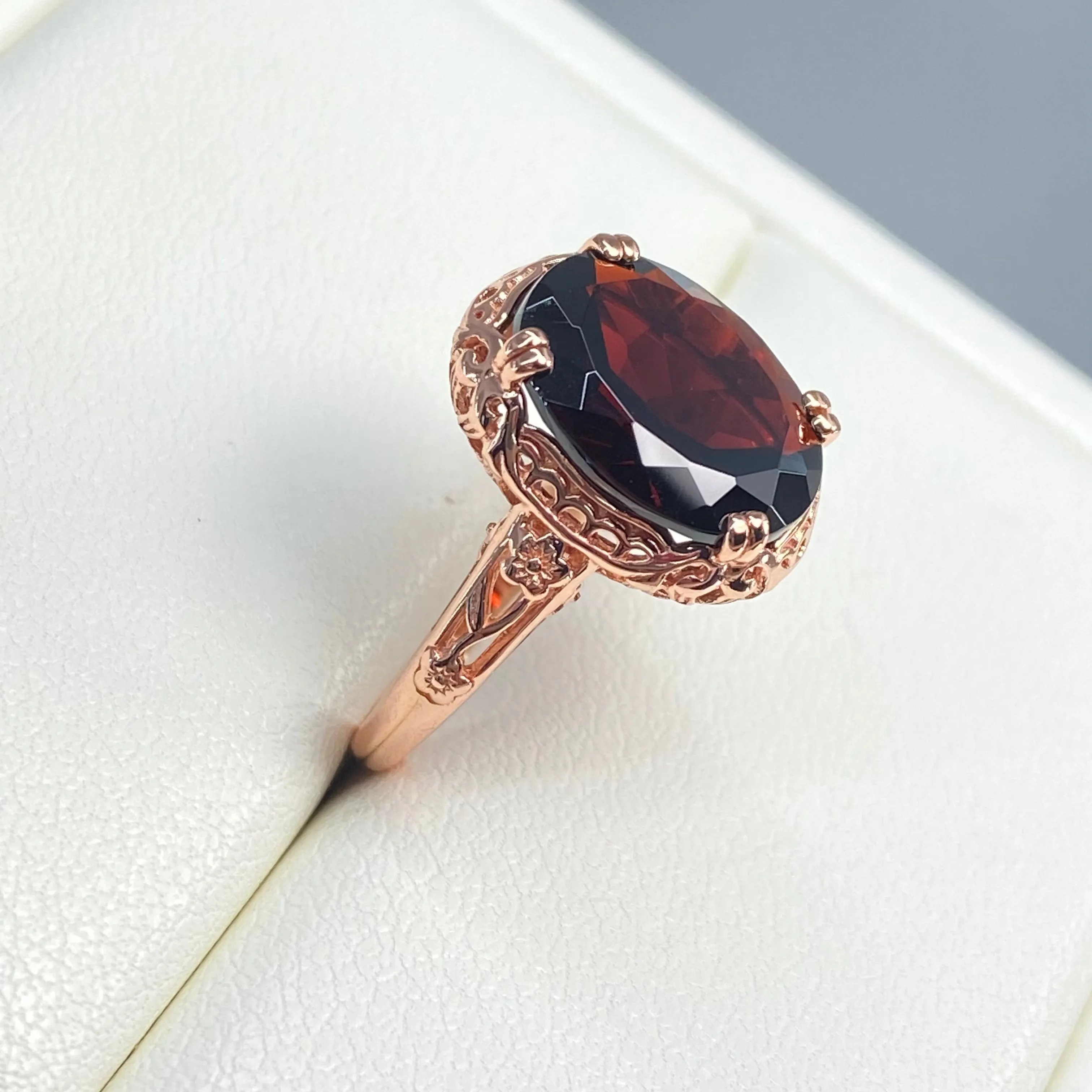 Garnet Ring, Size 4.5, Rose Gold plated, Natural Gemstone, Edwardian Antique Reproduction Jewelry#D70z - Ready to Ship