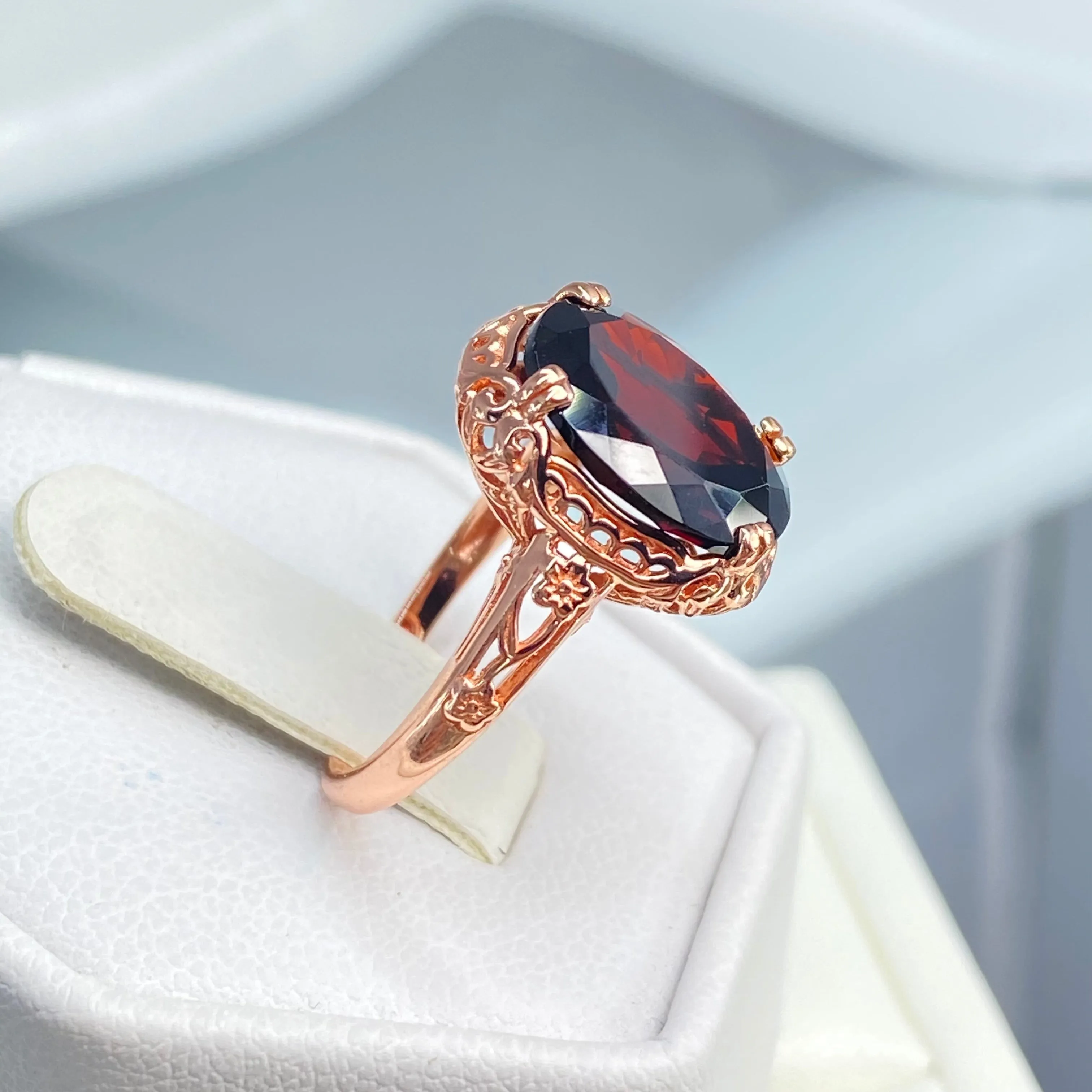 Garnet Ring, Size 4.5, Rose Gold plated, Natural Gemstone, Edwardian Antique Reproduction Jewelry#D70z - Ready to Ship