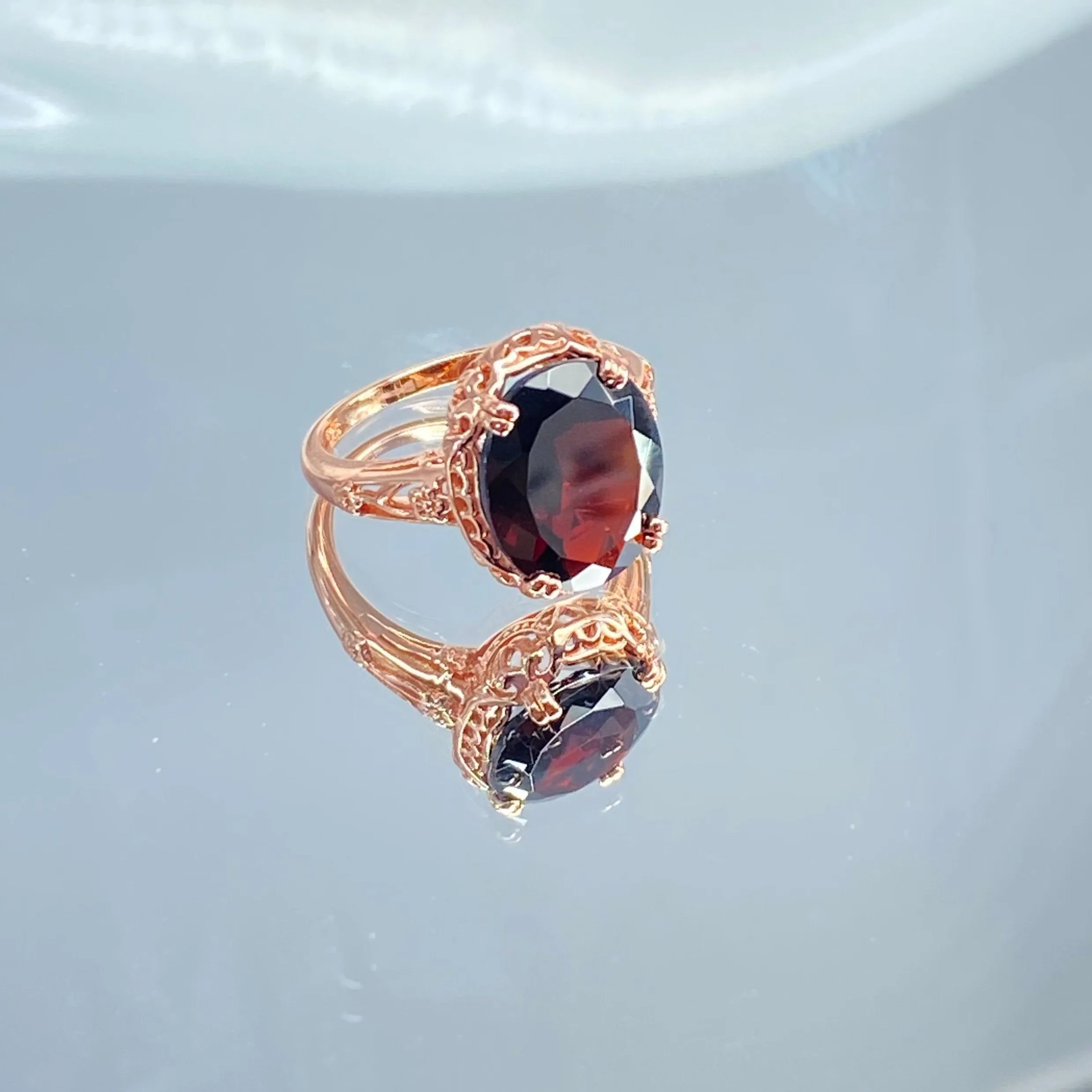 Garnet Ring, Size 4.5, Rose Gold plated, Natural Gemstone, Edwardian Antique Reproduction Jewelry#D70z - Ready to Ship