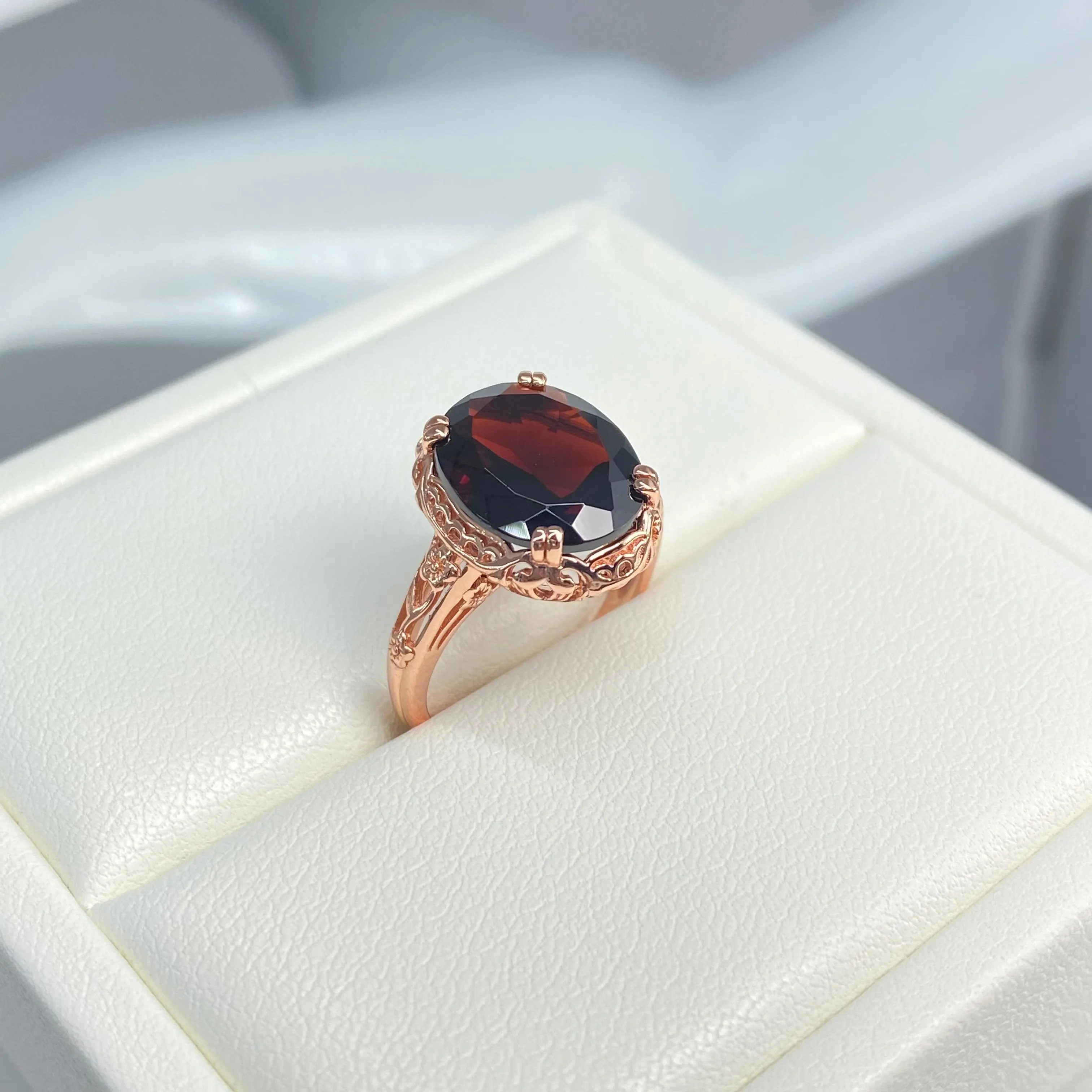 Garnet Ring, Size 4.5, Rose Gold plated, Natural Gemstone, Edwardian Antique Reproduction Jewelry#D70z - Ready to Ship