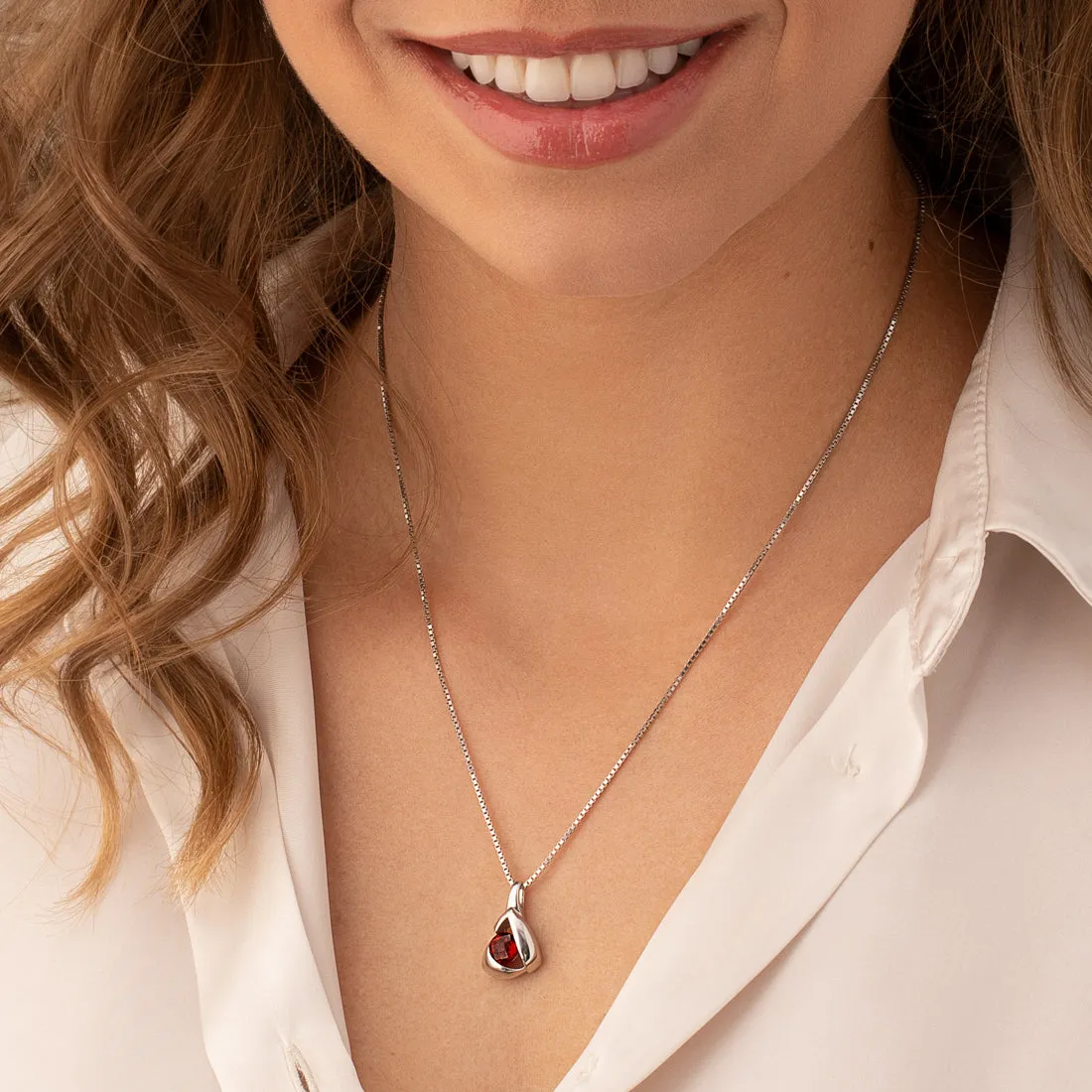 Garnet Sterling Silver Chiseled Pendant Necklace