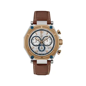 Gc Men'S Chronograph Watch With Silver Dial & Caramel Color Leather Strap