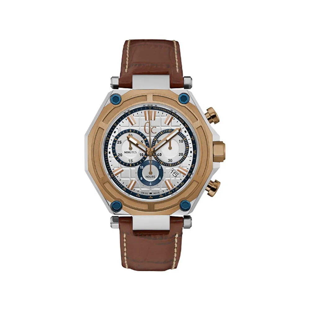 Gc Men'S Chronograph Watch With Silver Dial & Caramel Color Leather Strap