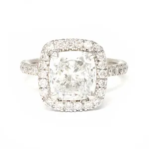 GIA Certified 3.07 Cushion Cut Solitaire Diamond Halo Ring in Platinum