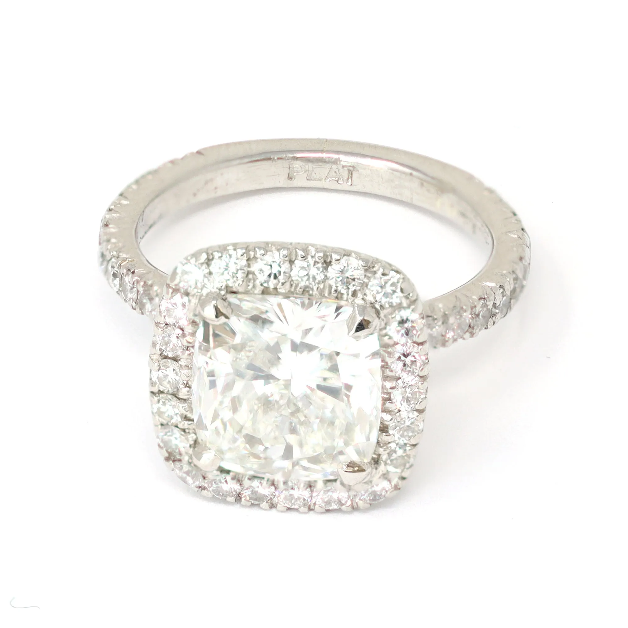GIA Certified 3.07 Cushion Cut Solitaire Diamond Halo Ring in Platinum