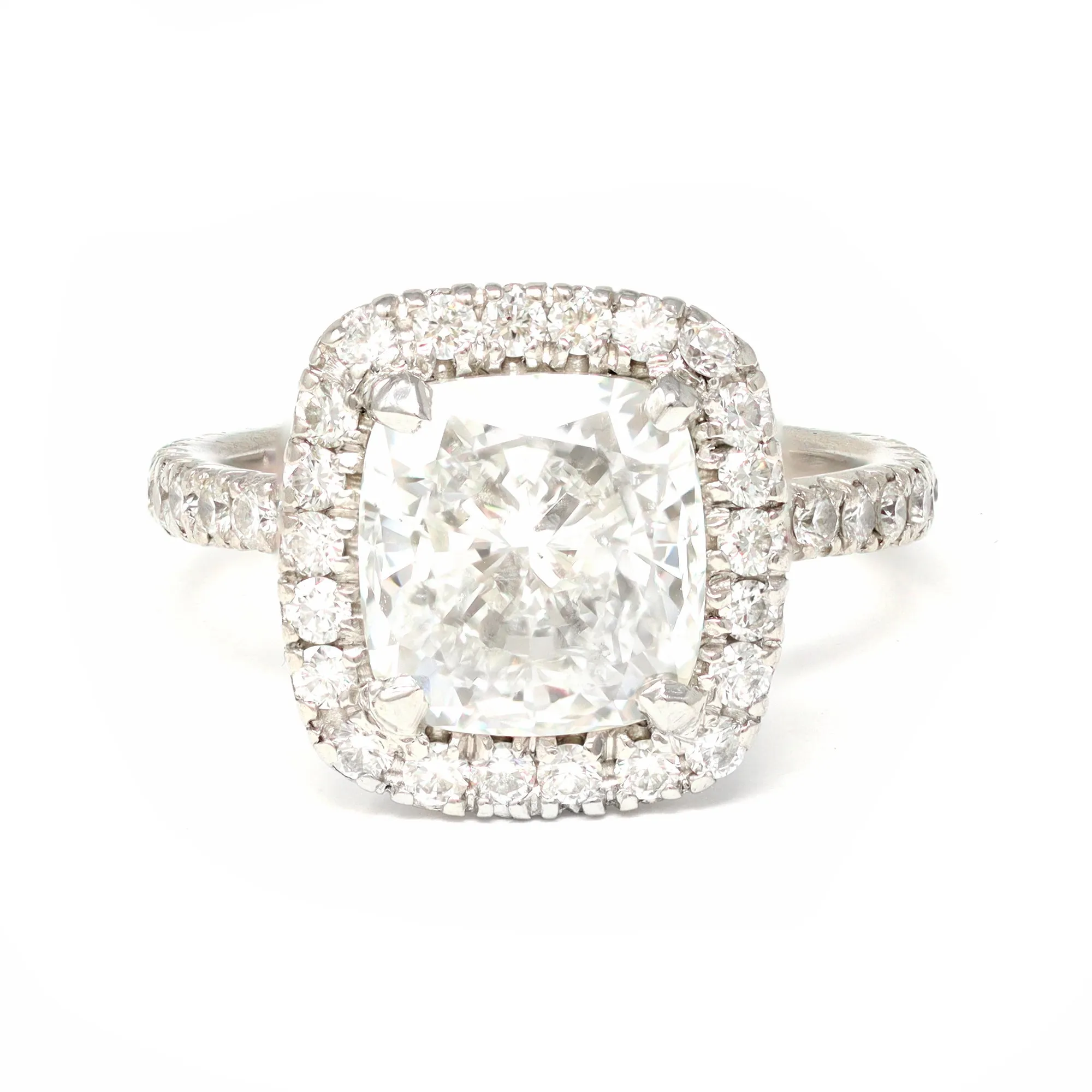 GIA Certified 3.07 Cushion Cut Solitaire Diamond Halo Ring in Platinum