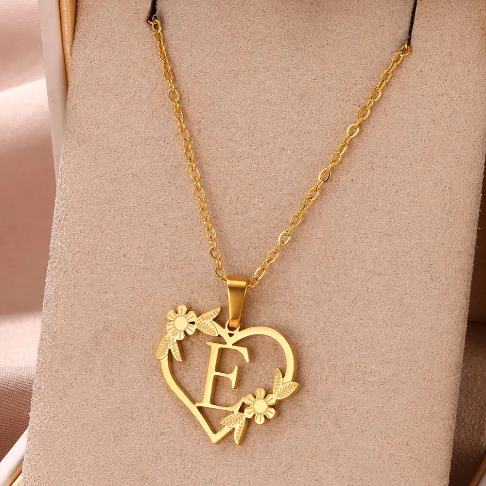 Gold Color Dainty Flower Initials Necklace Women Girl Stainless Steel Heart Letter Choker Necklace Best Gifts Alphabet Jewelry