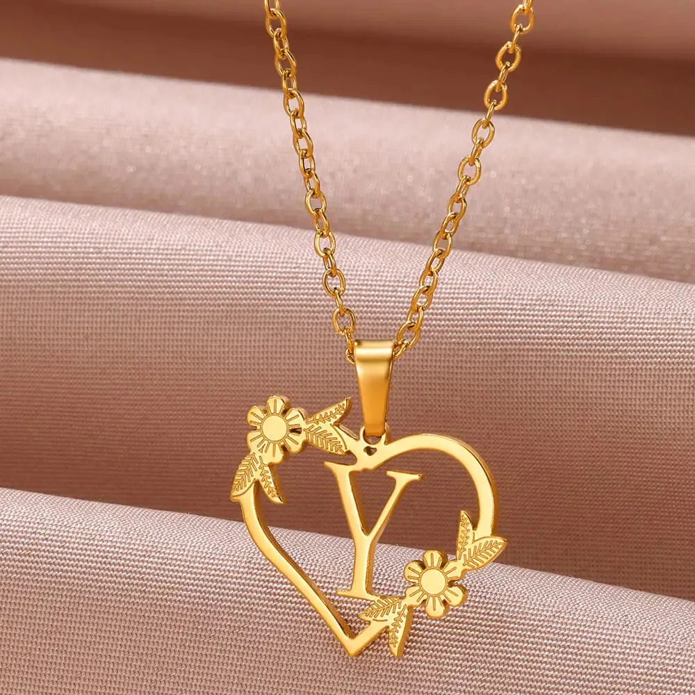 Gold Color Dainty Flower Initials Necklace Women Girl Stainless Steel Heart Letter Choker Necklace Best Gifts Alphabet Jewelry