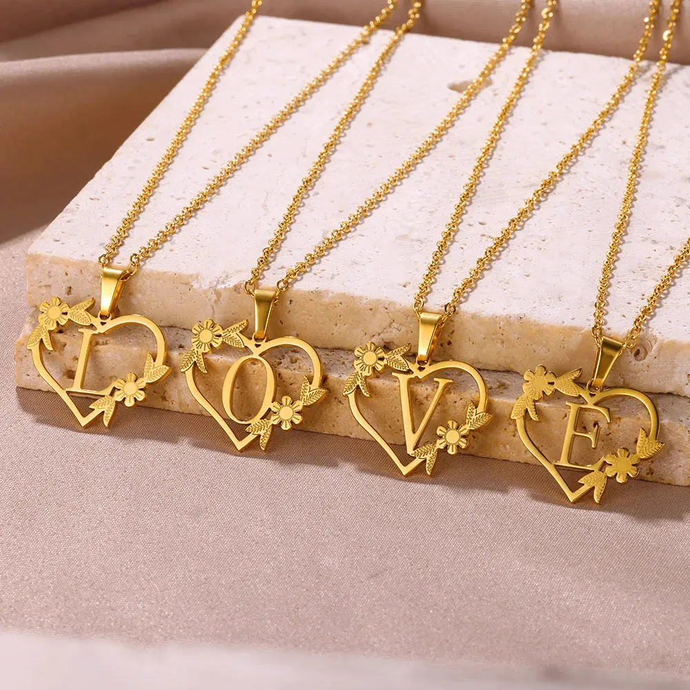 Gold Color Dainty Flower Initials Necklace Women Girl Stainless Steel Heart Letter Choker Necklace Best Gifts Alphabet Jewelry