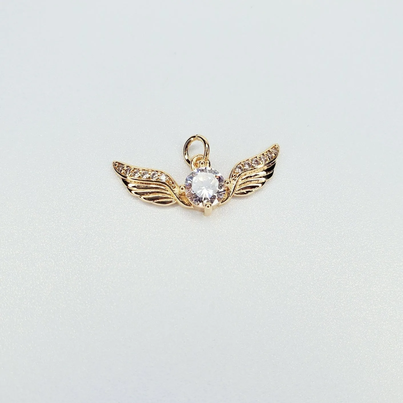 Gold Filled Golden Angel Wing with Round Cubic Zirconia Charm