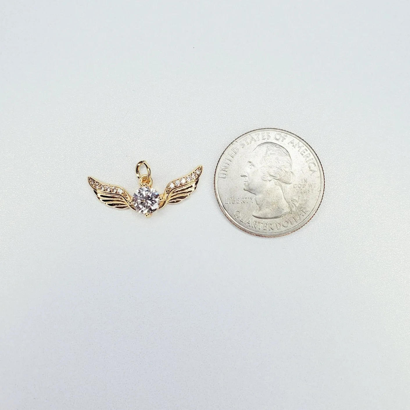 Gold Filled Golden Angel Wing with Round Cubic Zirconia Charm