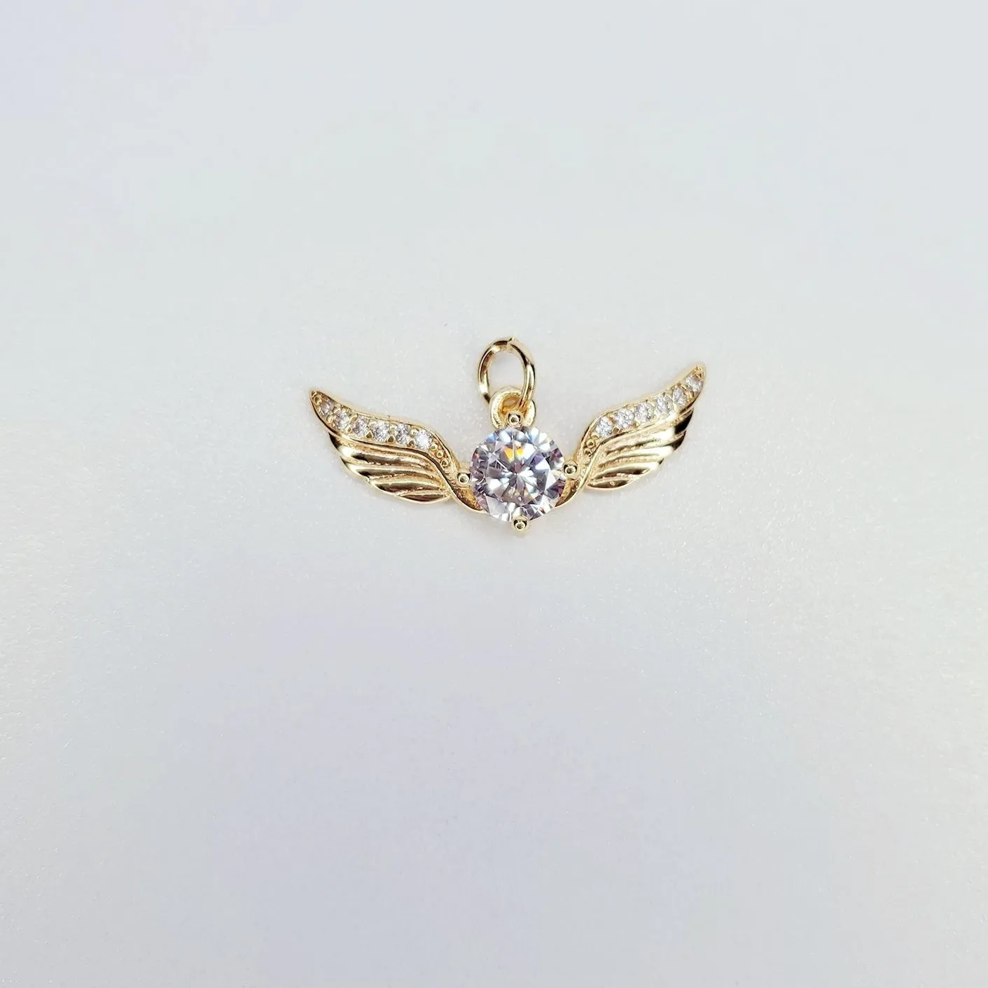 Gold Filled Golden Angel Wing with Round Cubic Zirconia Charm