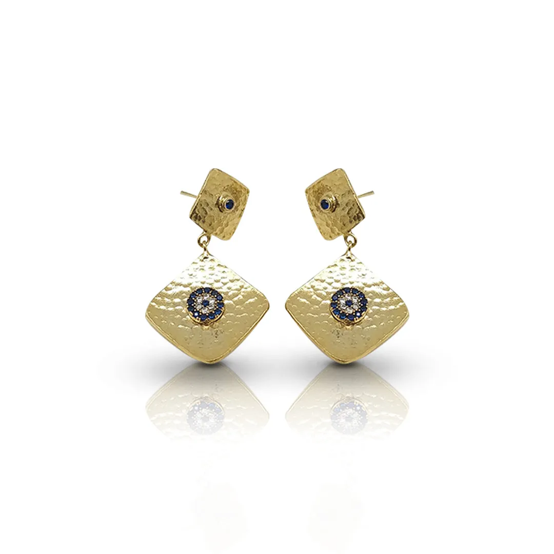 Gold-Plated Handmade Earrings with Sapphire and White CZ Stones | Contemporary Double Square Earrings | Elegant Modern Jewelry