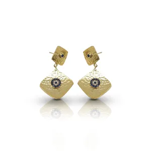 Gold-Plated Handmade Earrings with Sapphire and White CZ Stones | Contemporary Double Square Earrings | Elegant Modern Jewelry