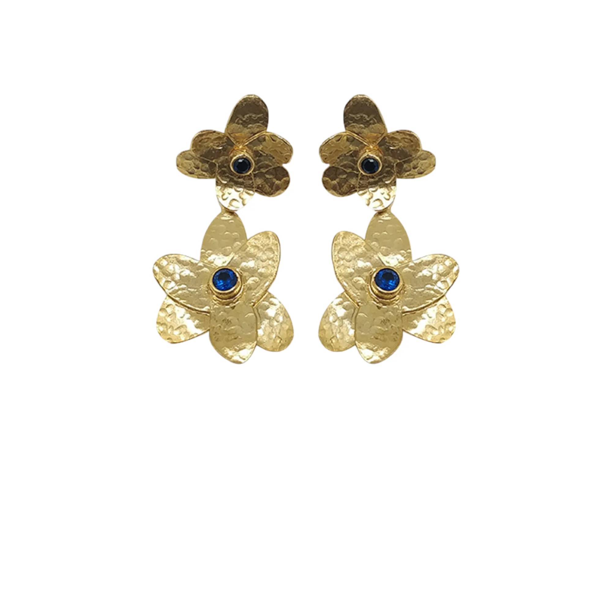 Gold-Plated Handmade Earrings with Sapphire CZ Stones | Contemporary Double Flower Earrings | Elegant Modern Jewelry