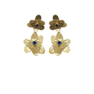 Gold-Plated Handmade Earrings with Sapphire CZ Stones | Contemporary Double Flower Earrings | Elegant Modern Jewelry