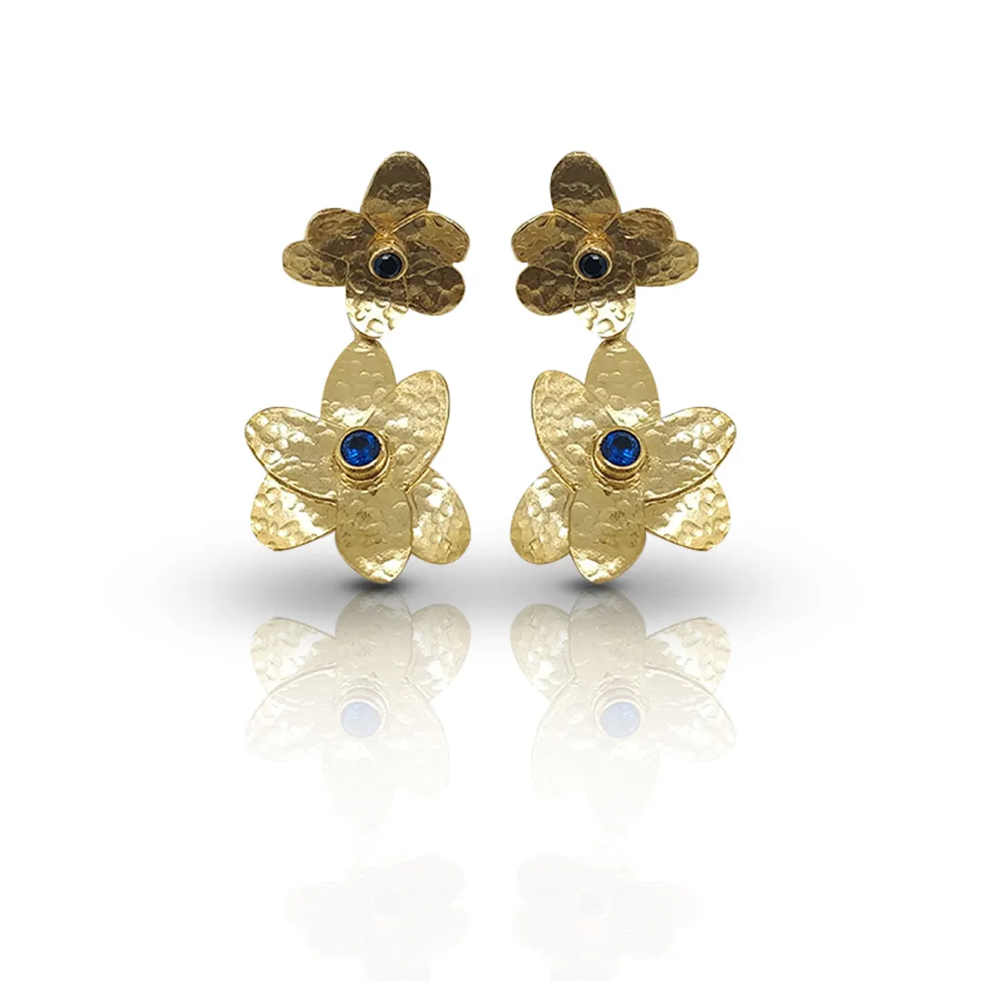 Gold-Plated Handmade Earrings with Sapphire CZ Stones | Contemporary Double Flower Earrings | Elegant Modern Jewelry