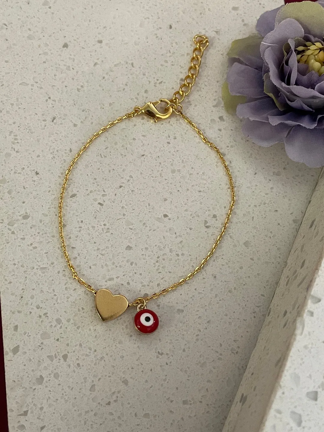 Gold Plated Heart Bracelet with Red Evil Eye Charm