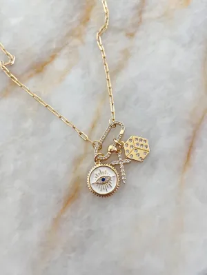 Gold Stoned Lock Chain Charm Necklace