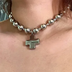 Grunge Rock Jewelry Round Beaded Chains Cross Pendant Necklace Korean Punk Charms Necklaces Women Goth Accessory Choker