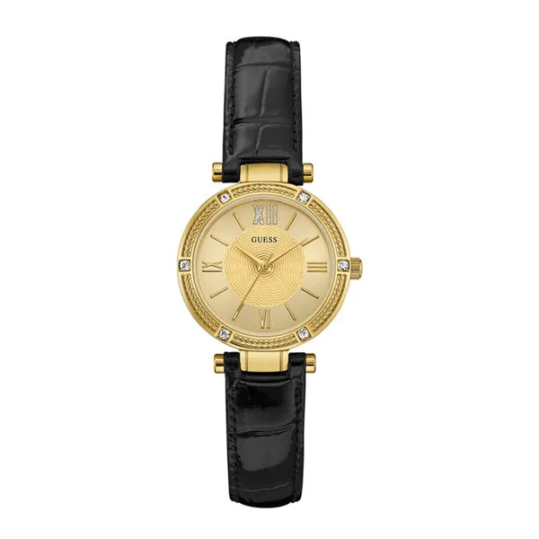 Guess Park Ave South Black Leather Strap Gold Dial Quartz Watch for Ladies - W0838L1