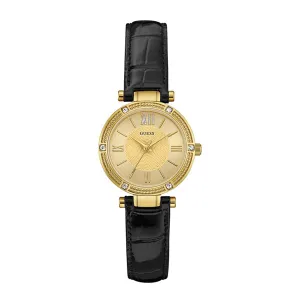 Guess Park Ave South Black Leather Strap Gold Dial Quartz Watch for Ladies - W0838L1