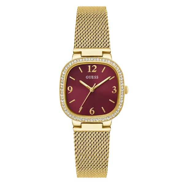 Guess Tapestry Gold Mesh Bracelet Red Dial Quartz Watch for Ladies - GW0354L4