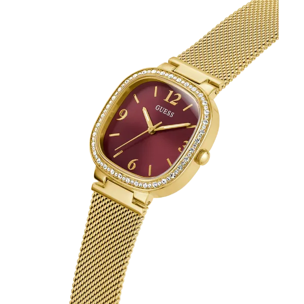 Guess Tapestry Gold Mesh Bracelet Red Dial Quartz Watch for Ladies - GW0354L4
