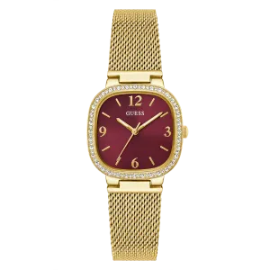 Guess Tapestry Gold Mesh Bracelet Red Dial Quartz Watch for Ladies - GW0354L4