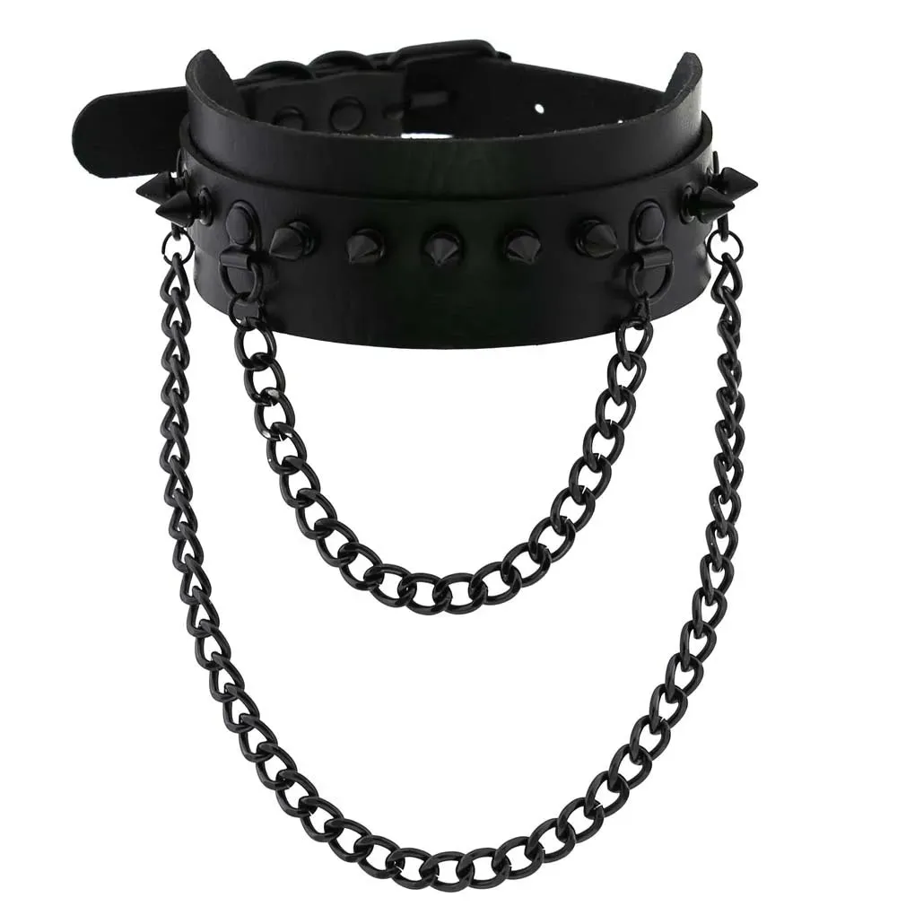 Halloween Emo Cosplay All Black Goth Choker Necklaces For Women Men Punk Spike Rivet Round Heart Bell Belt Necklaces Y2K Jewelry