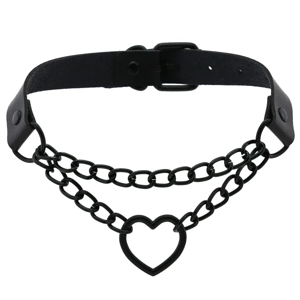 Halloween Emo Cosplay All Black Goth Choker Necklaces For Women Men Punk Spike Rivet Round Heart Bell Belt Necklaces Y2K Jewelry
