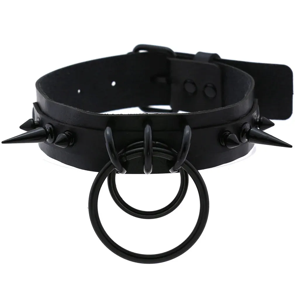 Halloween Emo Cosplay All Black Goth Choker Necklaces For Women Men Punk Spike Rivet Round Heart Bell Belt Necklaces Y2K Jewelry