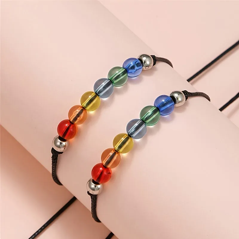 Hand Knit Colorful Bead Geometric Bracelet Set 2pcs