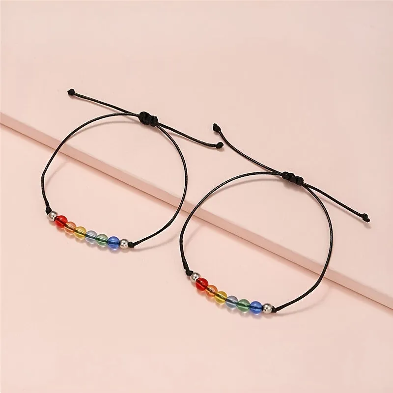 Hand Knit Colorful Bead Geometric Bracelet Set 2pcs