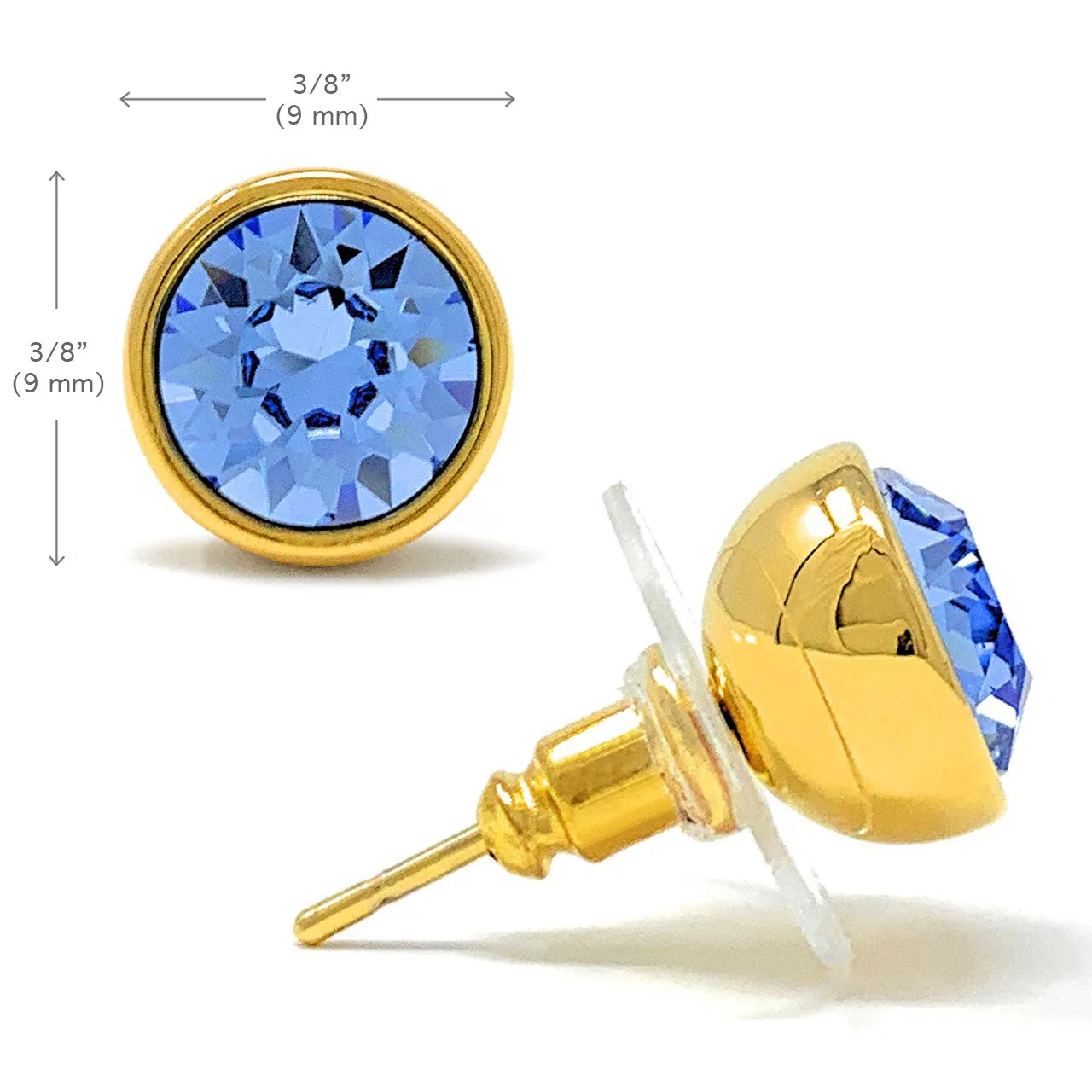 Harley Stud Earrings with Blue Light Sapphire Round Crystals from Swarovski Gold Plated