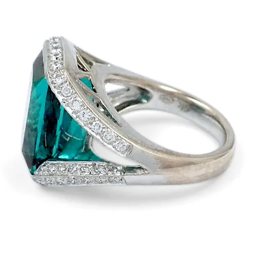 Indicolite Tourmaline & Diamond 18k White Gold Ladies Ring Size 5.5