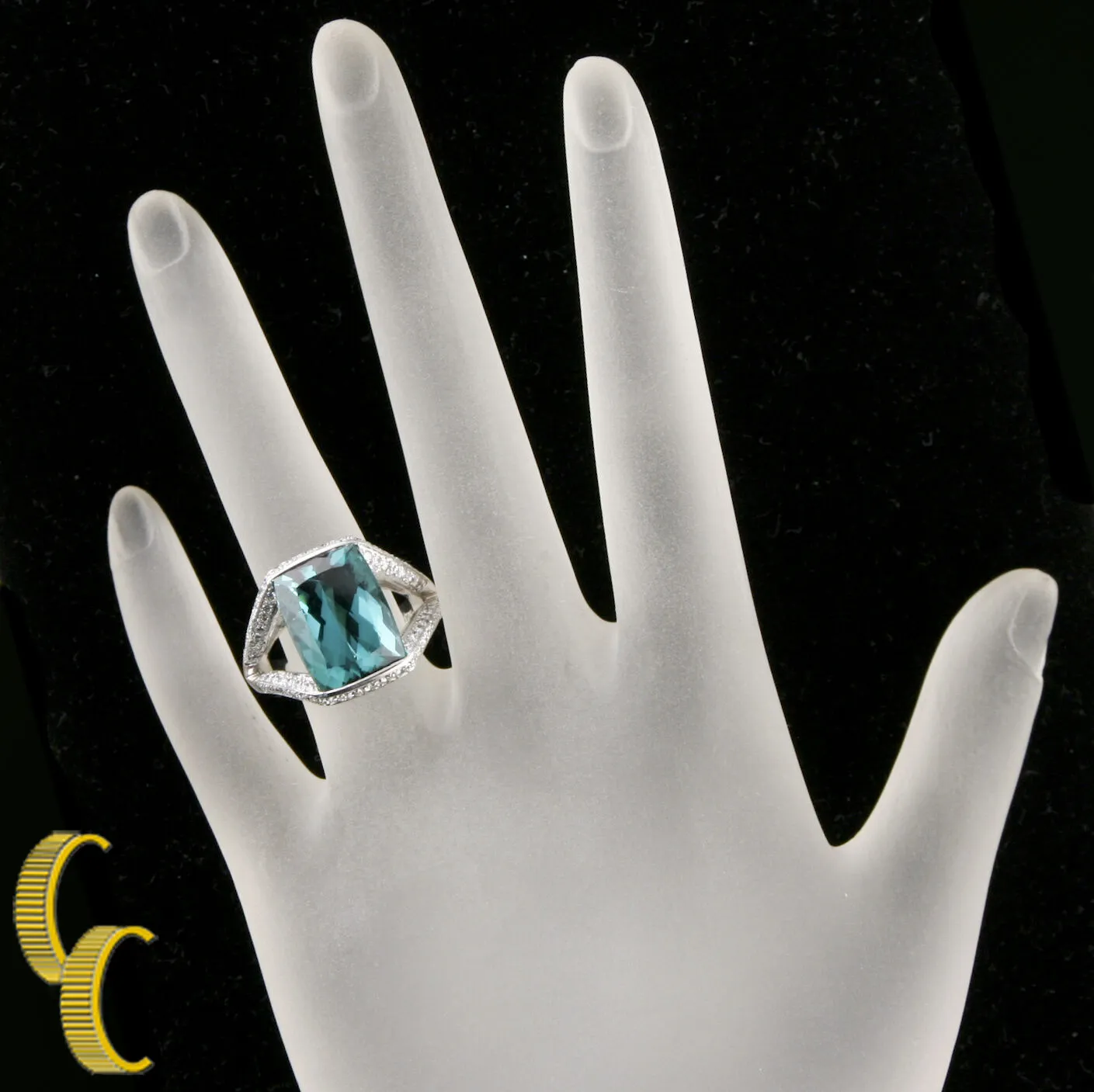 Indicolite Tourmaline & Diamond 18k White Gold Ladies Ring Size 5.5