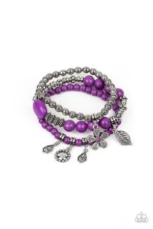 Individual Inflorescence - Purple - Stone Bead Flower Leaf Charm Paparazzi Stretchy Bracelet