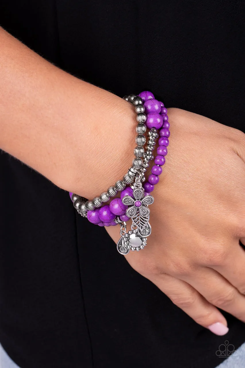 Individual Inflorescence - Purple - Stone Bead Flower Leaf Charm Paparazzi Stretchy Bracelet