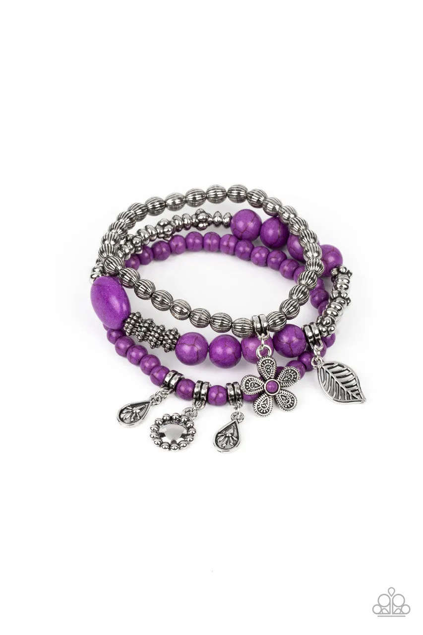 Individual Inflorescence - Purple - Stone Bead Flower Leaf Charm Paparazzi Stretchy Bracelet