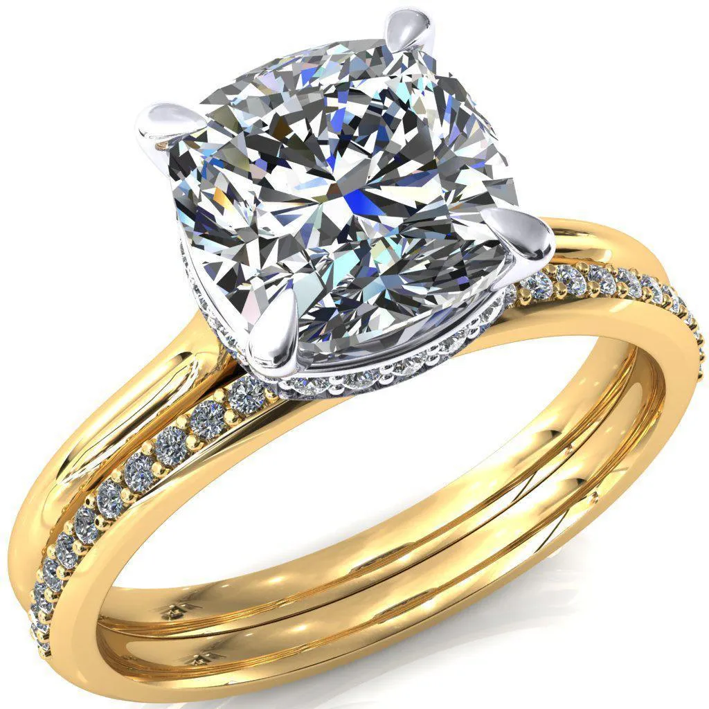 Janey Cushion Moissanite 4 Prongs Claw Floating Halo Inverted Cathedral Ring